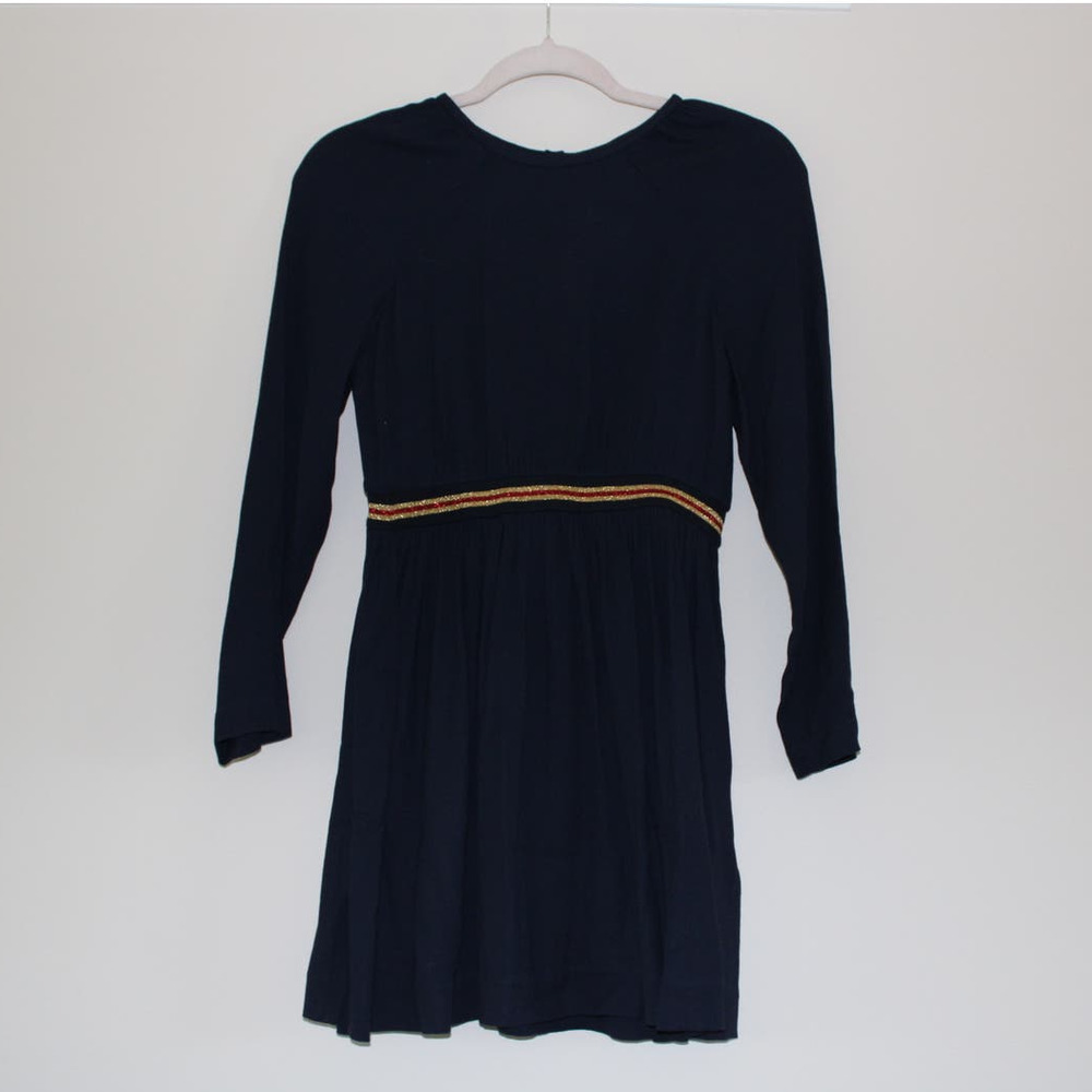 NWT Bonpoint Girl's Julie Dress Long Sleeve Navy Wool Viscose Red Gold Stripe 12